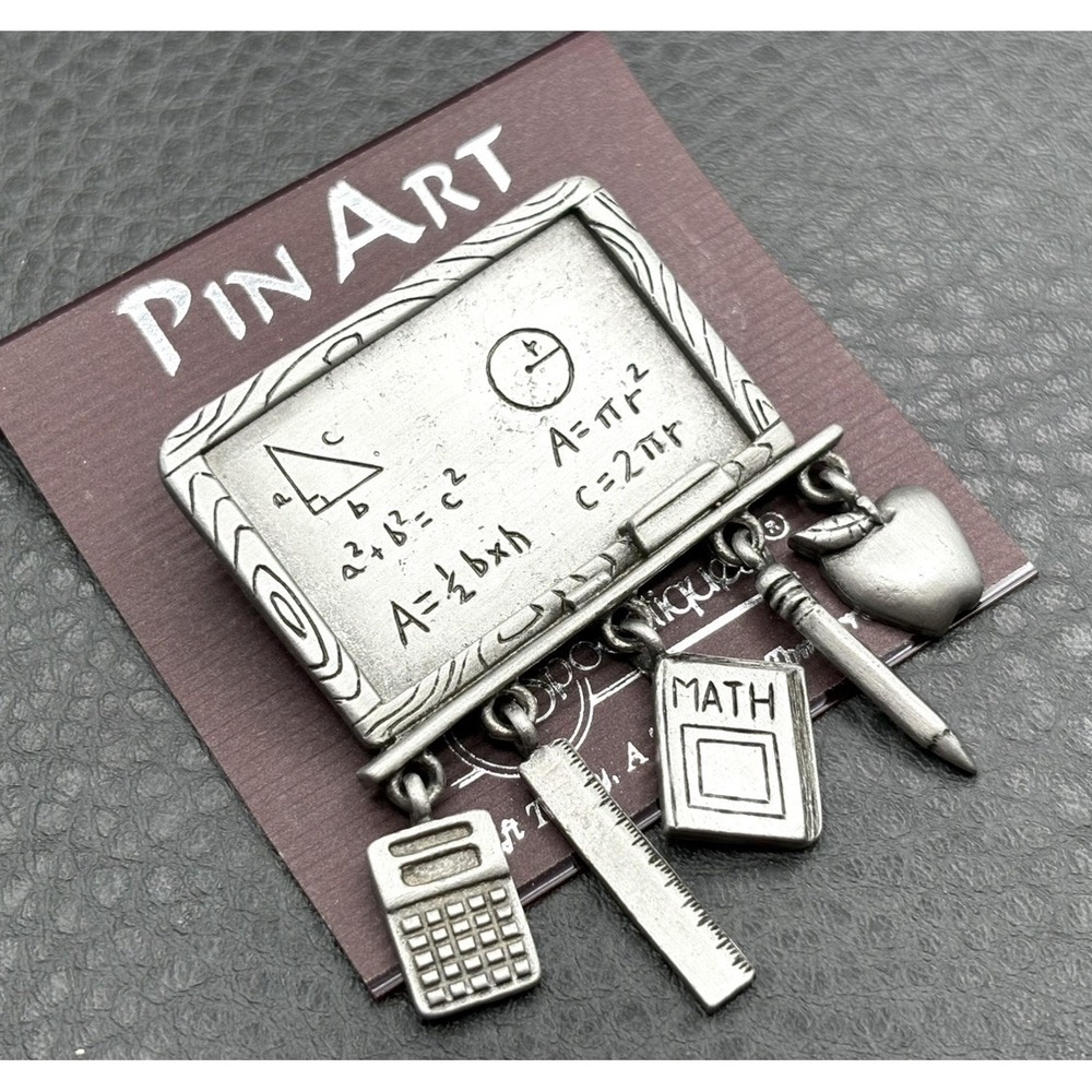 JJ Pin Art Pewter Teacher School Teaching Brooch Book Apple Ruler Calculator